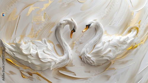 Elegant White and Gold Swans in Oil Painting. Majestic Birds in Sculptural Beauty.