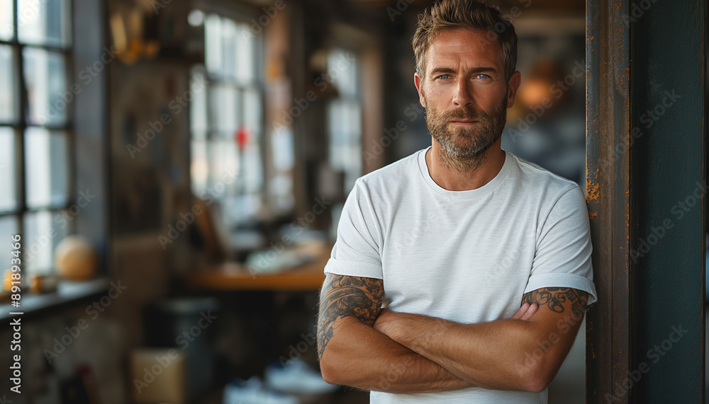 Homem de 41 anos com barba curta, cabelo curto castanho claro, camisa branca, jeans azul e tênis preto IA Generativa Homem de 41 anos com barba curta, cabelo curto castanho claro, camisa branca, jeans azul e tênis preto IA Generativa