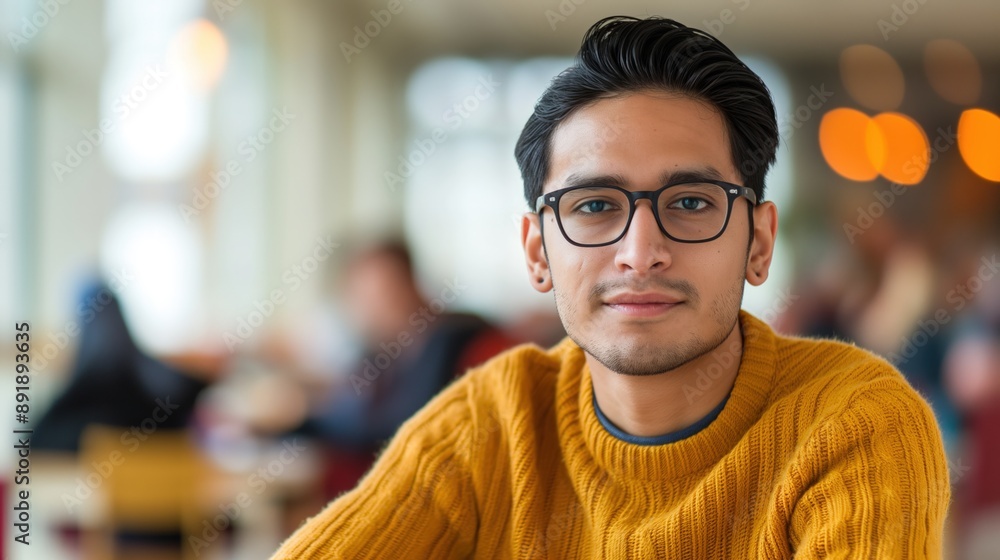 Obraz premium A young man with glasses and a yellow sweater smiles and poses for a photo