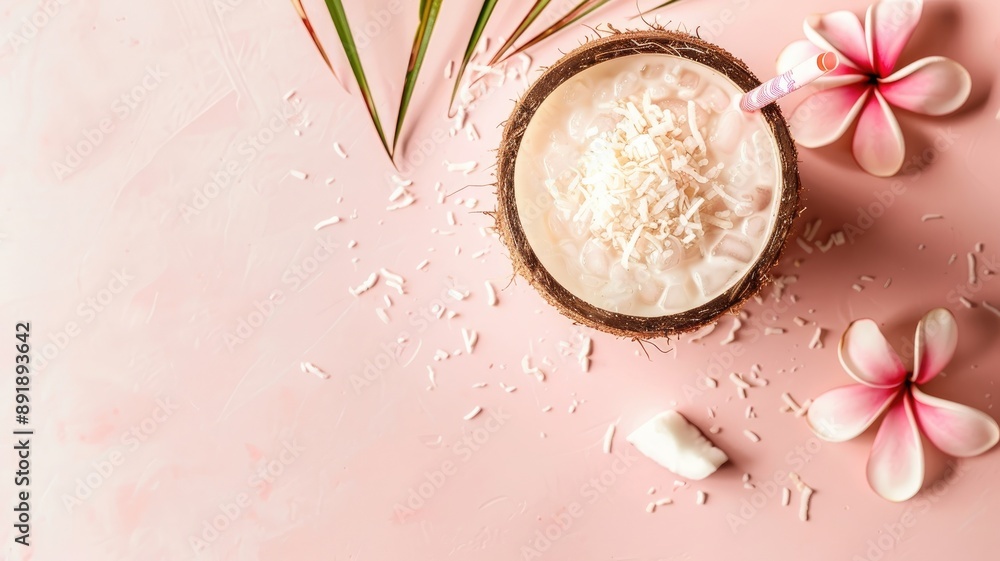 Pink tropical drink in coconut with flowers Pink tropical drink in coconut with flowers