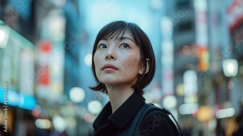 A young woman walks through a busy Tokyo street at dusk, looking upwards