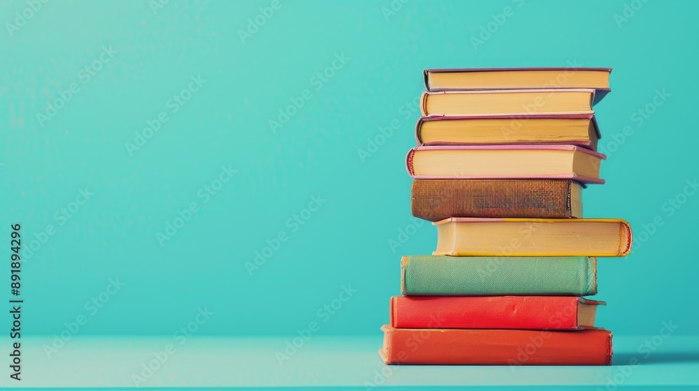 Stacking books on table with blue background Back to school theme Plenty of space for text Stacking books on table with blue background Back to school theme Plenty of space for text