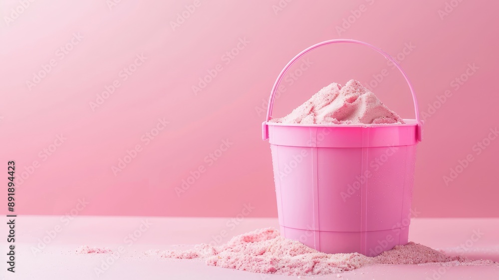 Pink bucket filled with fine sand, set against pastel background Pink bucket filled with fine sand, set against pastel background