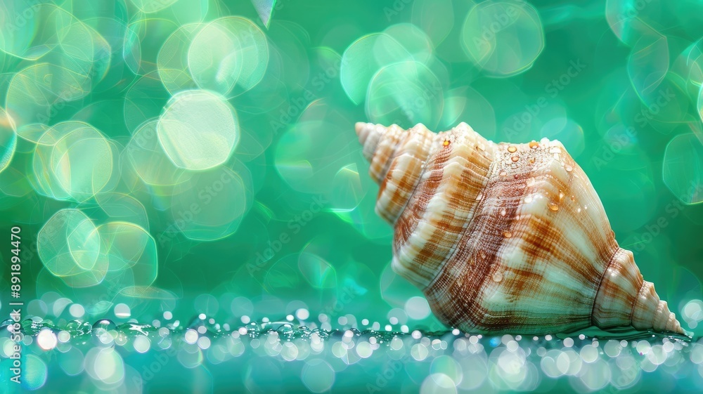 Beautifully striped seashell with bokeh green background Beautifully striped seashell with bokeh green background