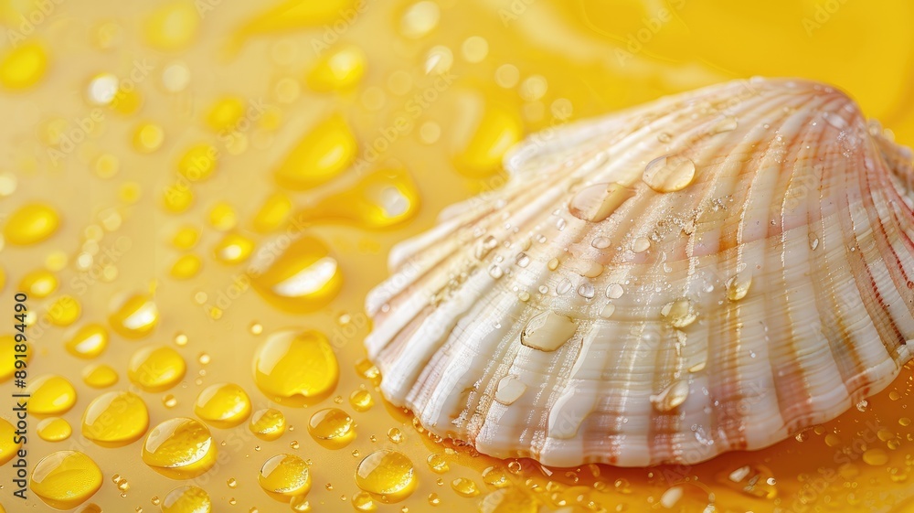 Close-up of seashell with water droplets on yellow background Close-up of seashell with water droplets on yellow background