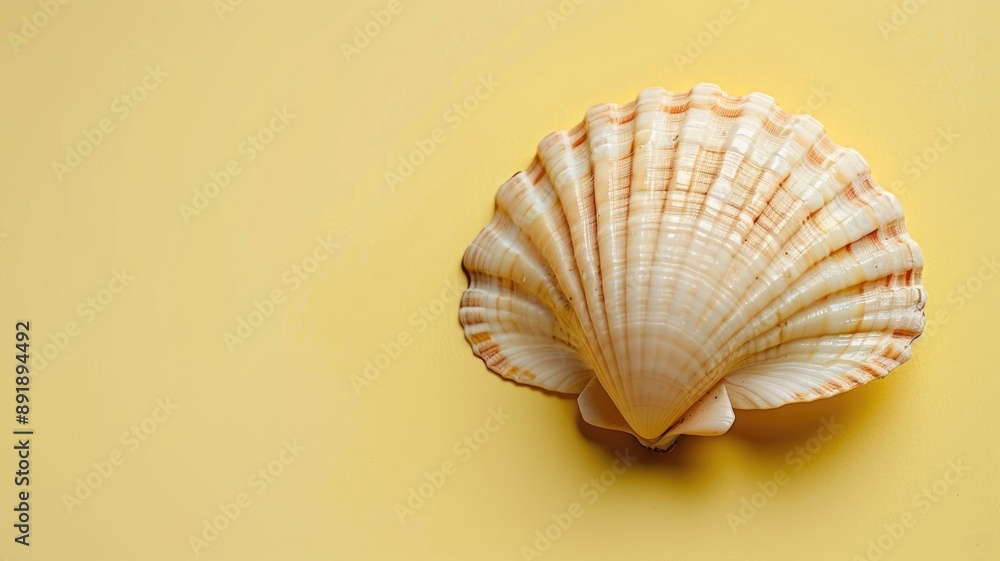 Close-up of beige seashell with yellow background Close-up of beige seashell with yellow background