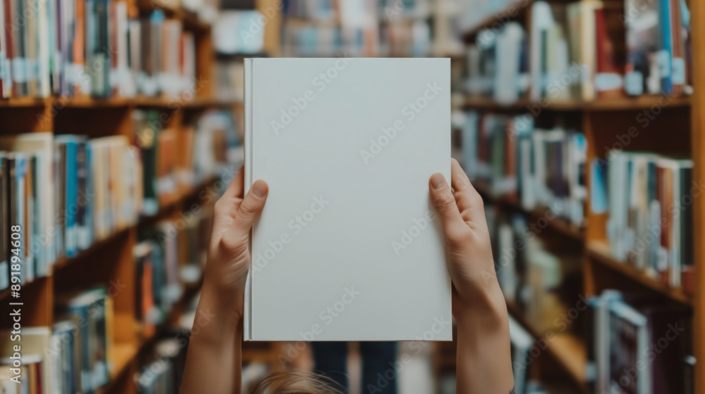 Close up blank book cover mockup being held by a person in a library, Hands Holding Blank Book in Library, Educational Resource, Literature, Knowledge, Book Cover. Close up blank book cover mockup being held by a person in a library, Hands Holding Blank Book in Library, Educational Resource, Literature, Knowledge, Book Cover.