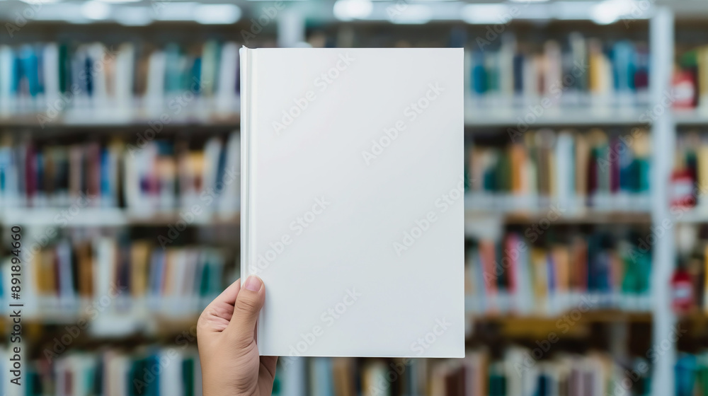 Close up blank book cover mockup being held by a person in a library, Hands Holding Blank Book in Library, Educational Resource, Literature, Knowledge, Book Cover. Close up blank book cover mockup being held by a person in a library, Hands Holding Blank Book in Library, Educational Resource, Literature, Knowledge, Book Cover.