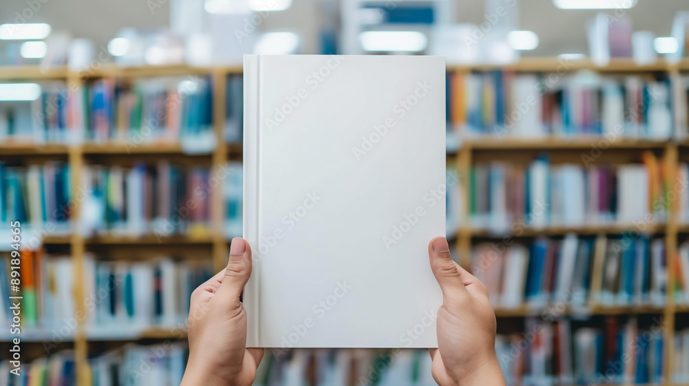 Close up blank book cover mockup being held by a person in a library, Hands Holding Blank Book in Library, Educational Resource, Literature, Knowledge, Book Cover. Close up blank book cover mockup being held by a person in a library, Hands Holding Blank Book in Library, Educational Resource, Literature, Knowledge, Book Cover.