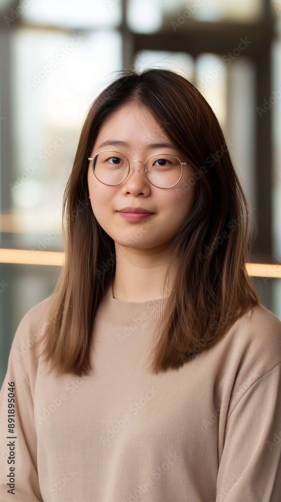 A young woman in glasses and a tan sweater with long brown hair looks at the camera A young woman in glasses and a tan sweater with long brown hair looks at the camera