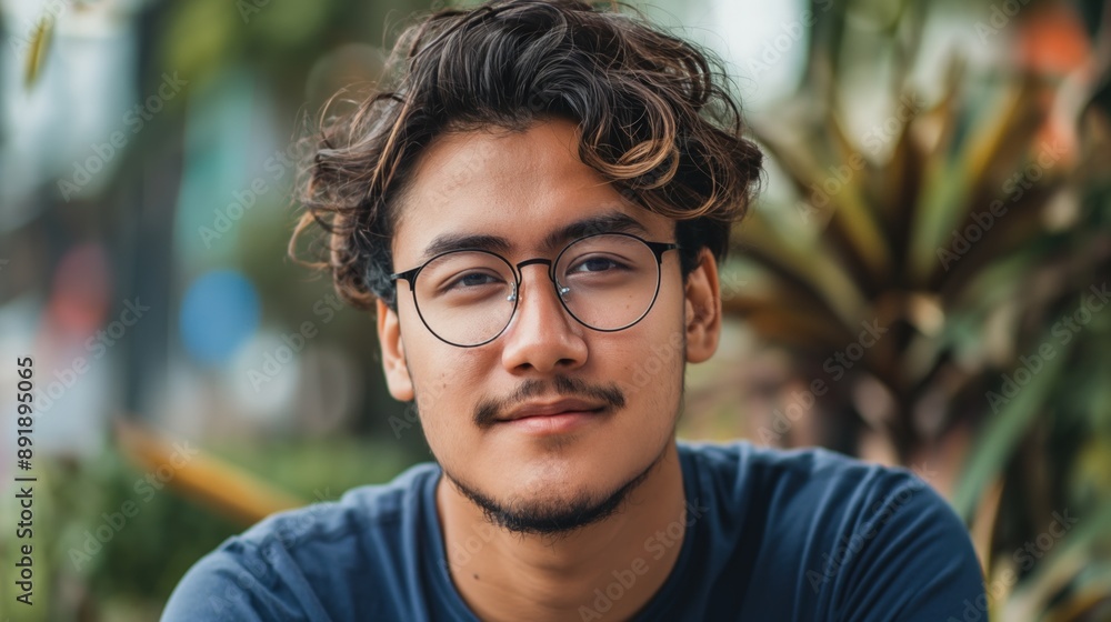 A young man with curly hair is wearing glasses and a blue t-shirt while outdoors A young man with curly hair is wearing glasses and a blue t-shirt while outdoors
