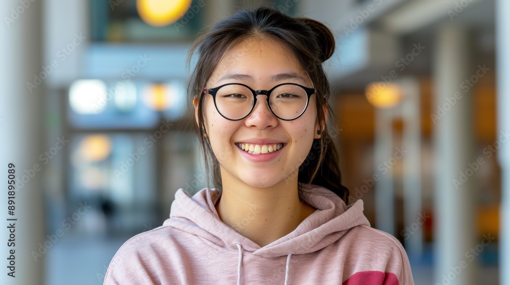 Young woman wearing glasses smiles at the camera Young woman wearing glasses smiles at the camera