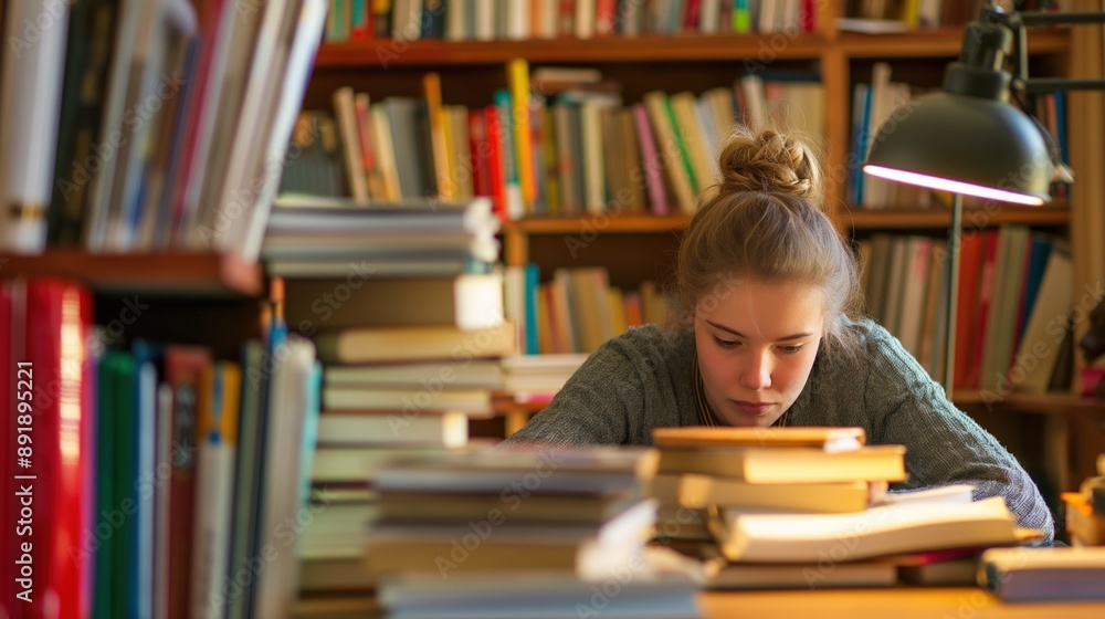 A young woman studies intently at a table in a library, surrounded by stacks of books A young woman studies intently at a table in a library, surrounded by stacks of books