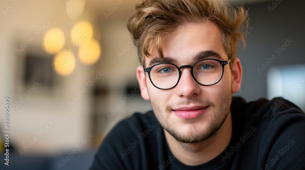 A young man with light brown hair smiles while wearing black framed glasses indoors A young man with light brown hair smiles while wearing black framed glasses indoors