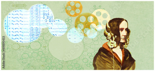 Ada Lovelace with calculations & mechanical cogs