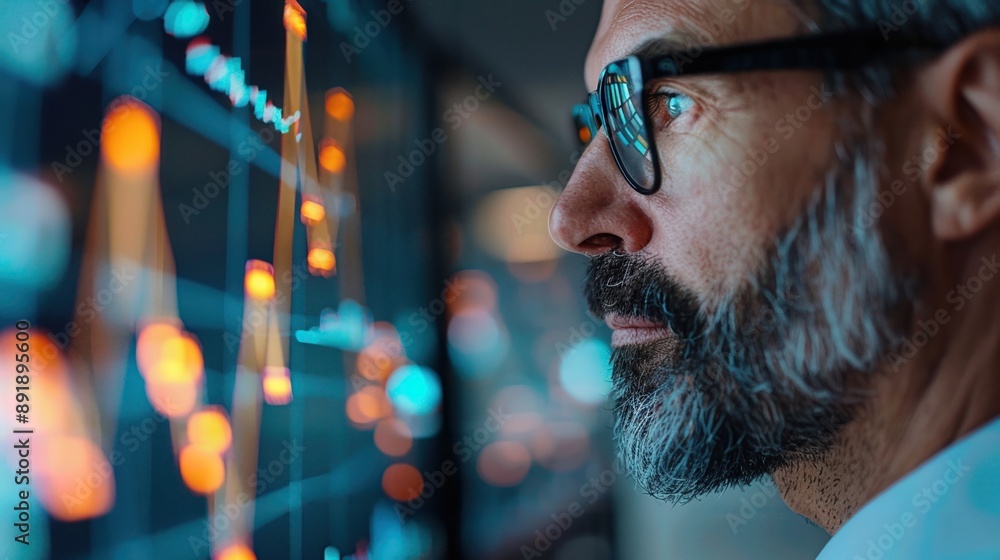 Close-up of a thoughtful man observing financial data on a digital screen, reflecting concentration and analysis in a modern workspace. Close-up of a thoughtful man observing financial data on a digital screen, reflecting concentration and analysis in a modern workspace.