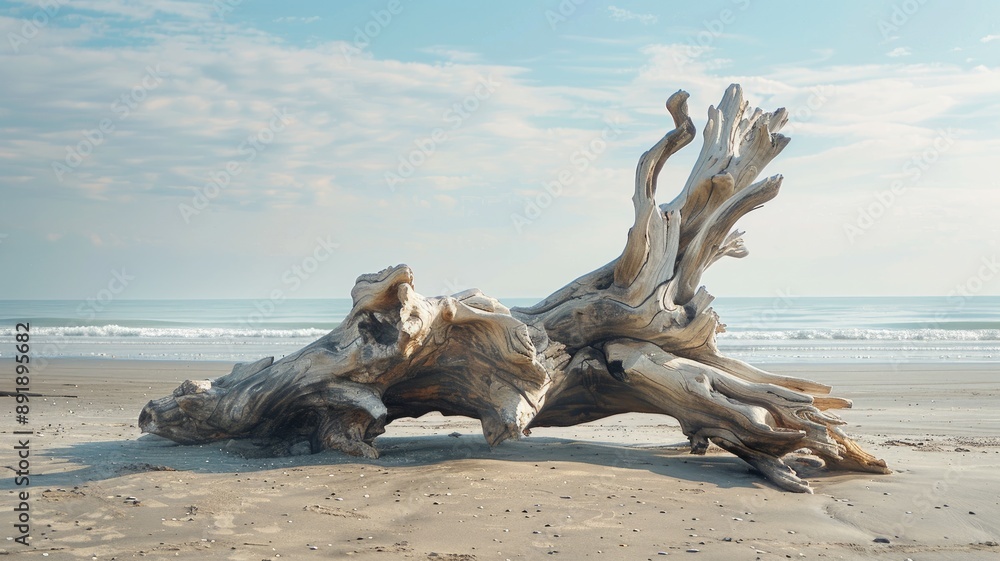 Large driftwood log on sandy beach with calm ocean backdrop Large driftwood log on sandy beach with calm ocean backdrop
