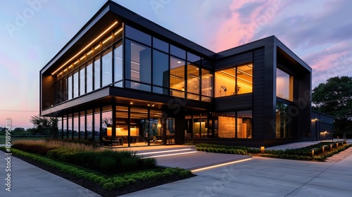 Modern architectural masterpiece showcasing sleek lines and expansive glass windows at twilight.