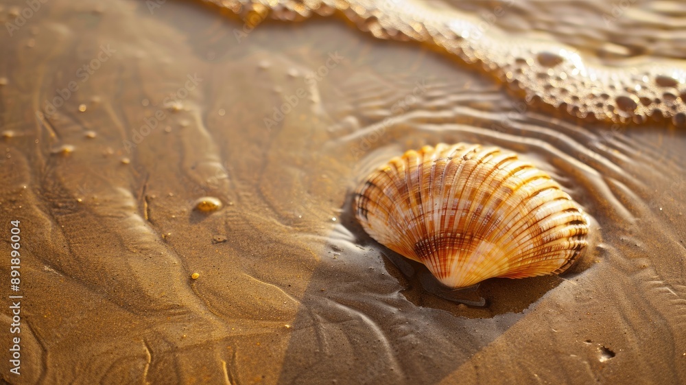 Seashell lies on wet sandy beach with gentle waves Seashell lies on wet sandy beach with gentle waves