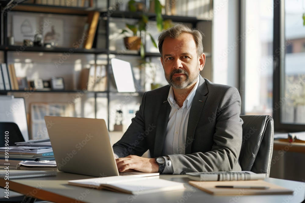 A mature businessman with a beard sits at a desk in a bright, modern office, using a laptop. The office is well-lit and organized, with shelves and plants adding to the decor. A mature businessman with a beard sits at a desk in a bright, modern office, using a laptop. The office is well-lit and organized, with shelves and plants adding to the decor.
