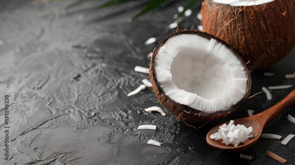 Halved brown coconut with flakes inside and on spoon Halved brown coconut with flakes inside and on spoon