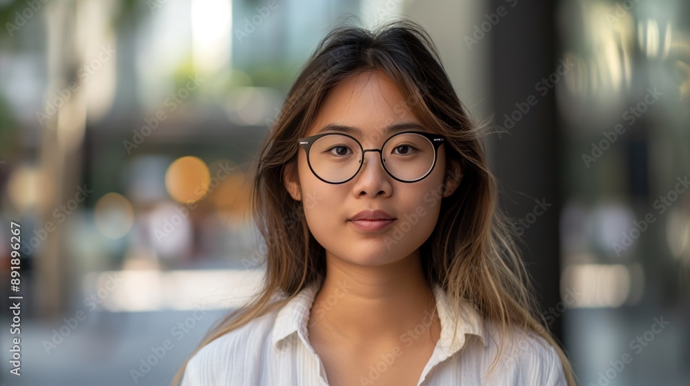 A young woman wearing glasses looks directly at the camera A young woman wearing glasses looks directly at the camera