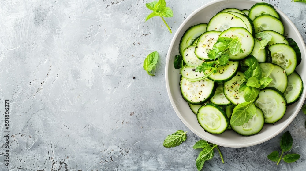 Obraz premium Fresh cucumber salad with herbs in bowl