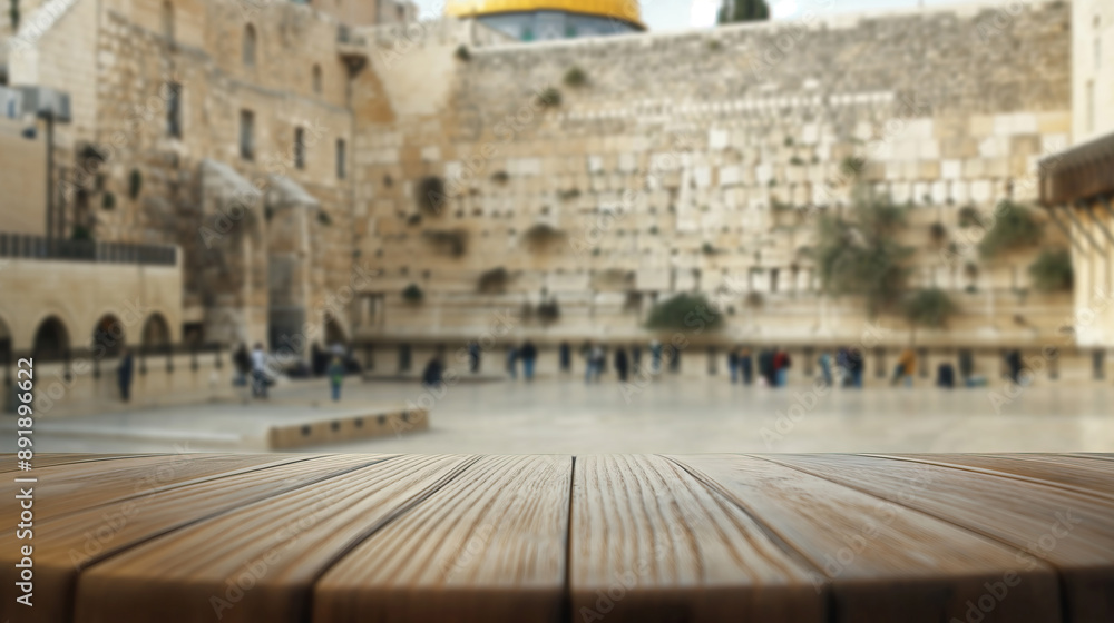 Obraz premium close up of rustic empty wooden table with blurred Jerusalem Wailing Wall background