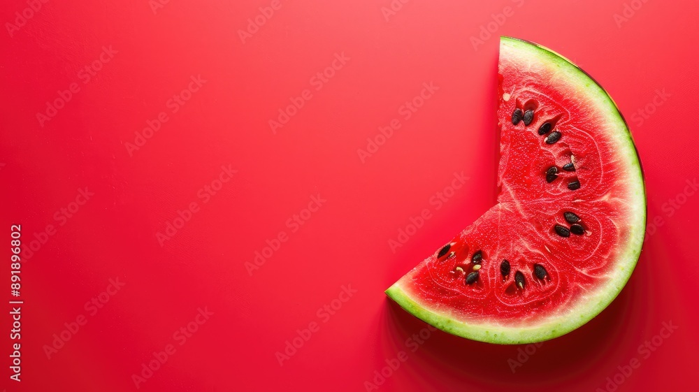 Watermelon slice with seeds on vibrant red background Watermelon slice with seeds on vibrant red background