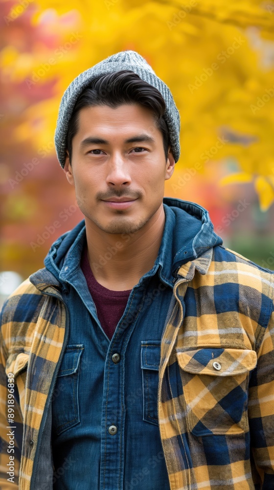 Man in grey knit beanie and plaid shirt before fall foliage Man in grey knit beanie and plaid shirt before fall foliage