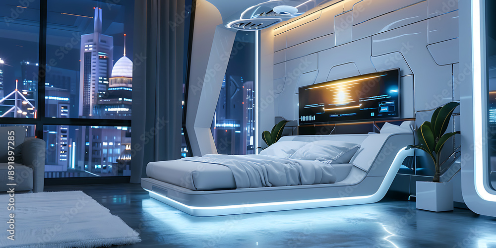 Futuristic Bedroom with Smart Bed Mockup Futuristic Bedroom with Smart Bed Mockup