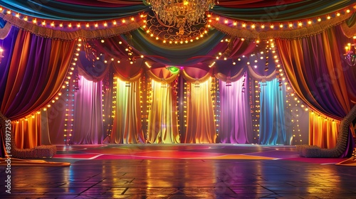 Vibrant Circus Stage with Dazzling Lights and Colorful Curtains