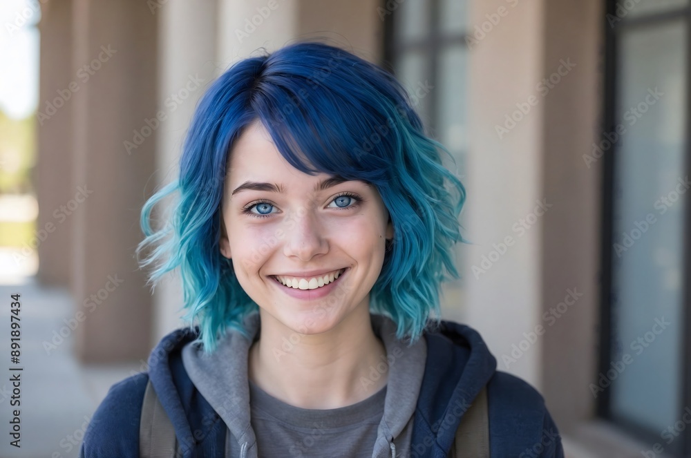 A girl with blue hair and blue eyes.Colored lenses to change the color of the eyes. A girl with blue hair and blue eyes.Colored lenses to change the color of the eyes.