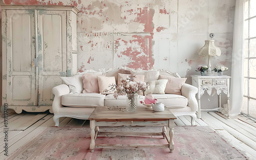 Shabby Chic Living Room with Pastel Colors Mockup 