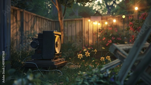 Small cinema with retro projector in the garden  photo