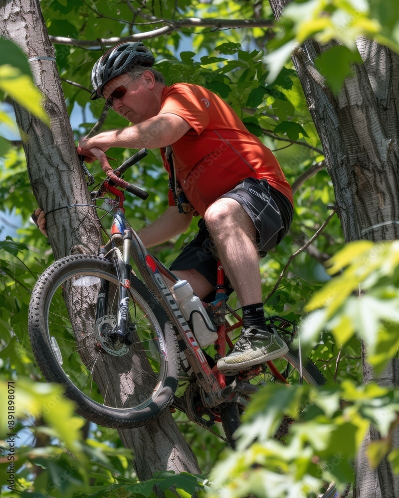 Naklejka premium A man rides his bike up a tree. AI.
