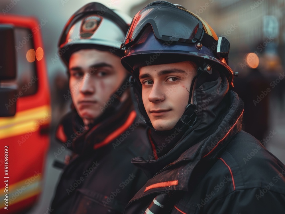 Two firefighters stand ready to respond. AI. Two firefighters stand ready to respond. AI.