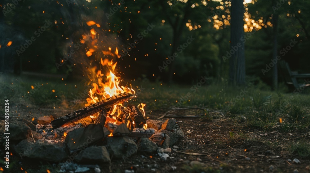 A campfire burns brightly in the forest, surrounded by rocks. AI. A campfire burns brightly in the forest, surrounded by rocks. AI.