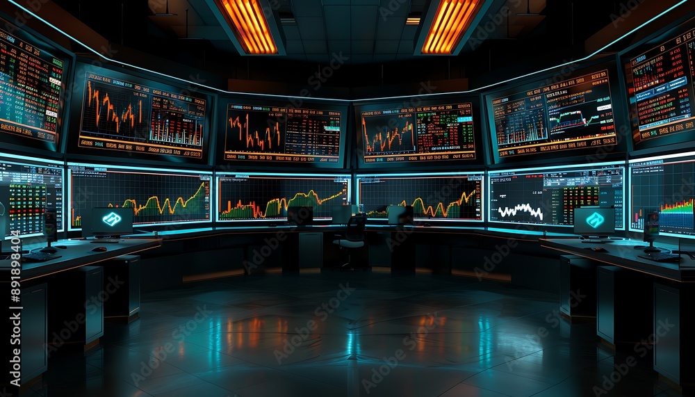 Expansive stock trading analysis hub with wraparound displays and real-time data. 3D render, cinematic lighting, dark ambiance. Expansive stock trading analysis hub with wraparound displays and real-time data. 3D render, cinematic lighting, dark ambiance.