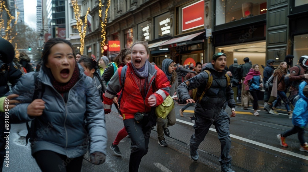 Obraz premium A group of people run down a city street. AI.