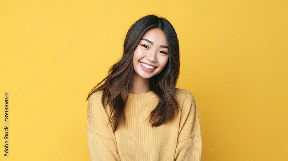 cheerful young young girl in clothes, simple background color for copy text space, wide screen for ads and banners cheerful young young girl in clothes, simple background color for copy text space, wide screen for ads and banners