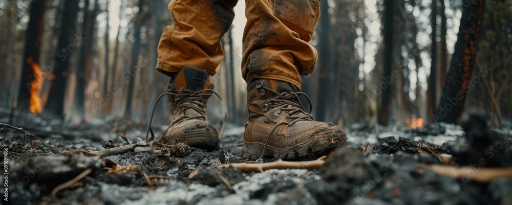 A pair of boots stand in the ashes of a forest fire. AI. A pair of boots stand in the ashes of a forest fire. AI.