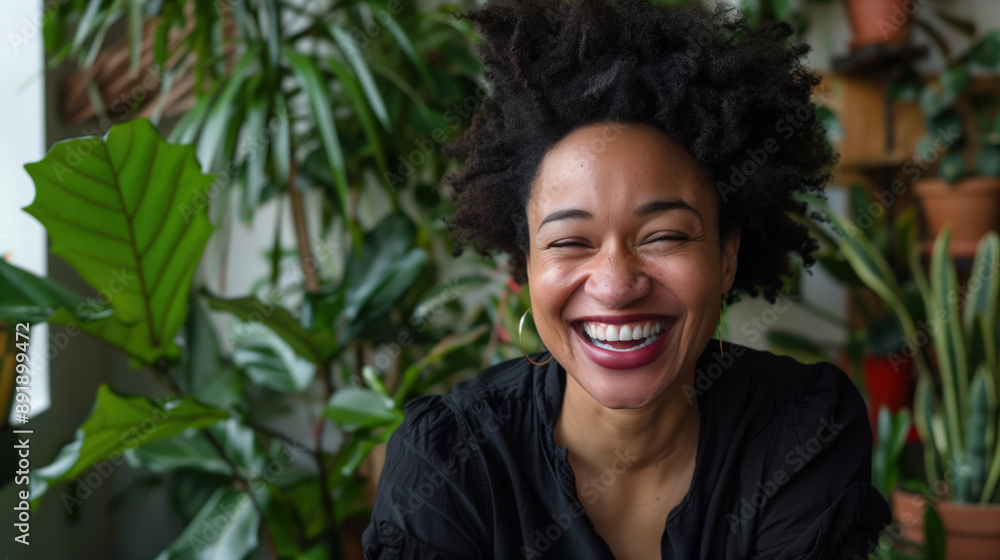 A Black woman with short curly hair smiles while standing near green plants A Black woman with short curly hair smiles while standing near green plants