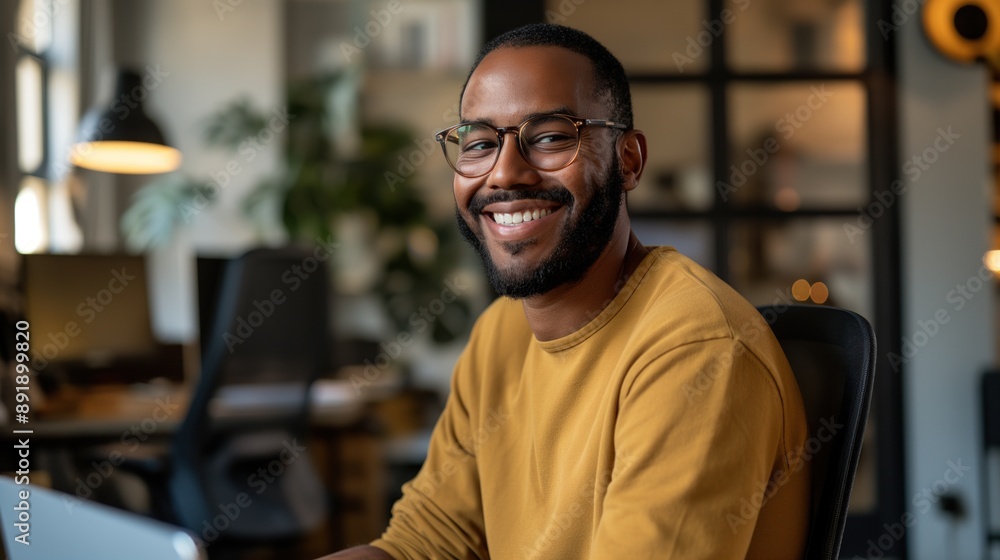 Smiling Black man in glasses works on his laptop while sitting at his desk Smiling Black man in glasses works on his laptop while sitting at his desk