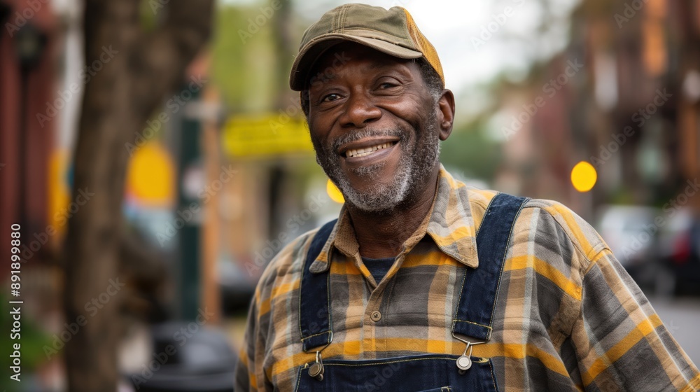 A smiling senior Black man wearing a plaid shirt and overalls stands on a city street A smiling senior Black man wearing a plaid shirt and overalls stands on a city street