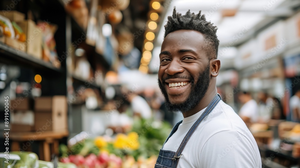 A Black man smiles and looks at the camera while working at an outdoor market A Black man smiles and looks at the camera while working at an outdoor market