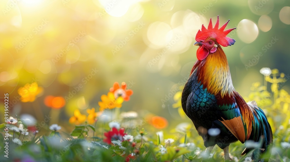 Colorful rooster with red comb in rural setting Ample space for text Colorful rooster with red comb in rural setting Ample space for text