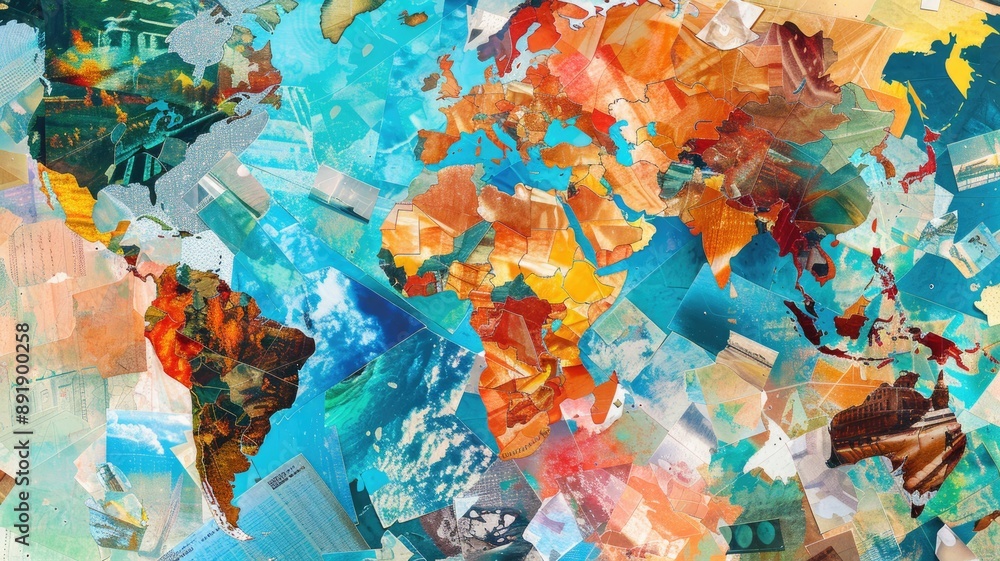 Fototapeta premium Vivid abstract artwork of world map with mixed materials texture
