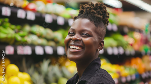Smiling Black woman working in a grocery store