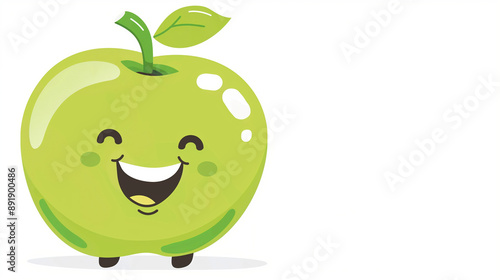 Cheerful Illustration one green apple on white background, with space for text photo